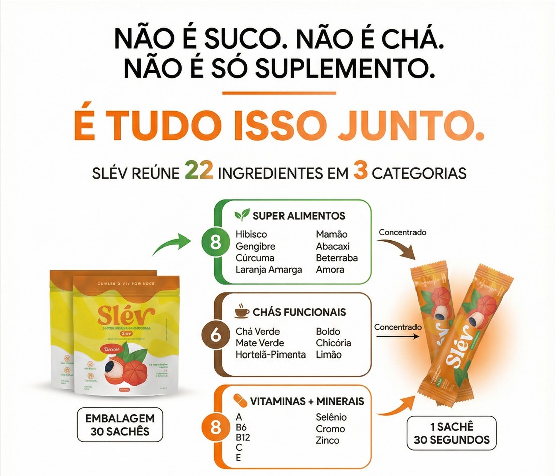 SLÉV reúne 22 ingredientes em 3 categorias: super alimentos, chás funcionais e vitaminas + minerais — 1 sachê, 30 segundos
