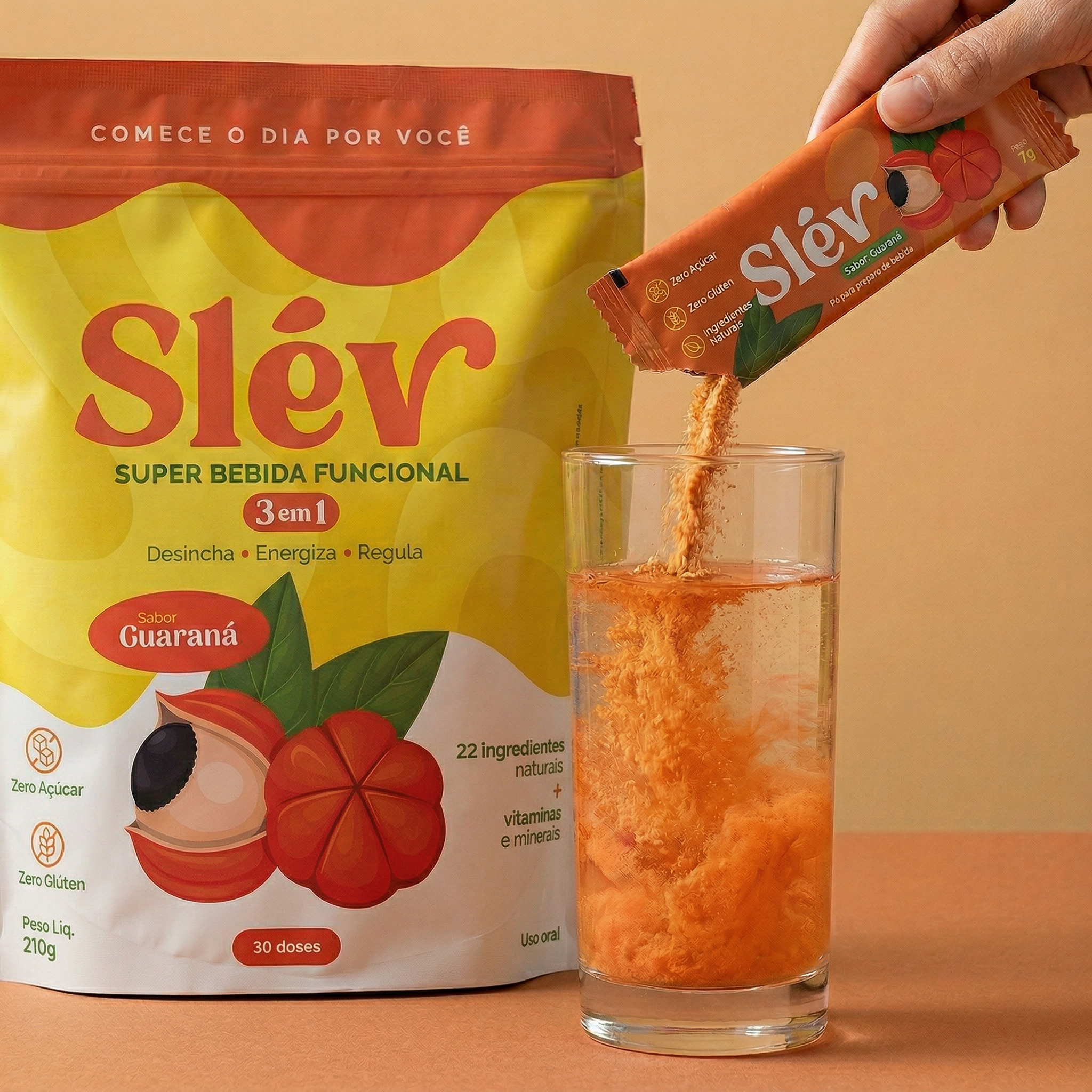 Slév Super Bebida Funcional 3 em 1 — embalagem e sachê sabor guaraná
